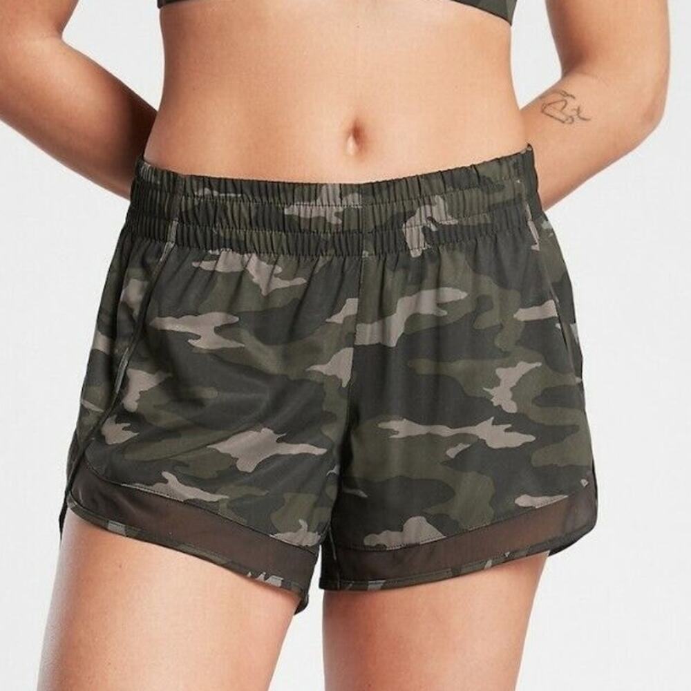Athleta Printed Mesh Racer Run Short 4" Olive Camo Lux